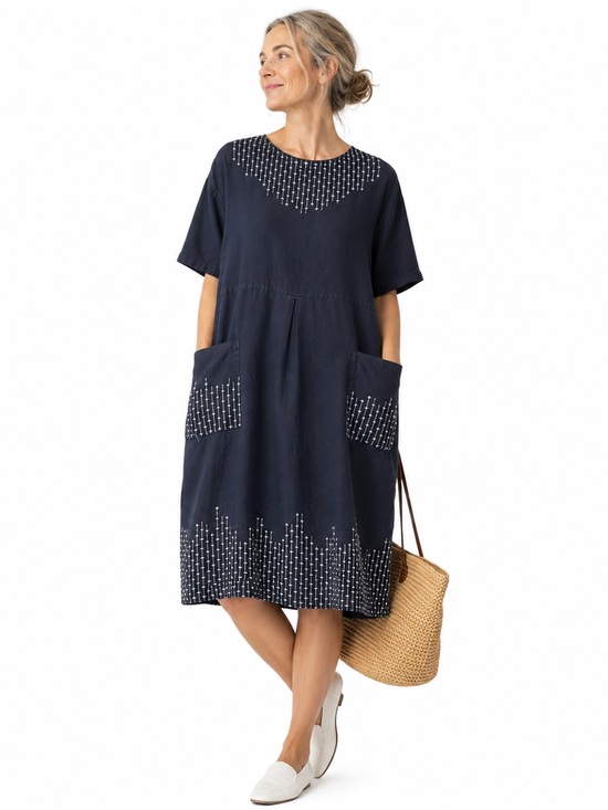 Gudrun Sjoden Dresses & Skirts - GUDRUN SJODEN Navy Linen Blend Embroidered Dress Scandinavian Lagenlook Pocket M